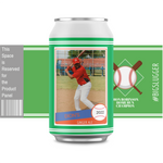 Baseball label for can green with picture and ball and bats. 