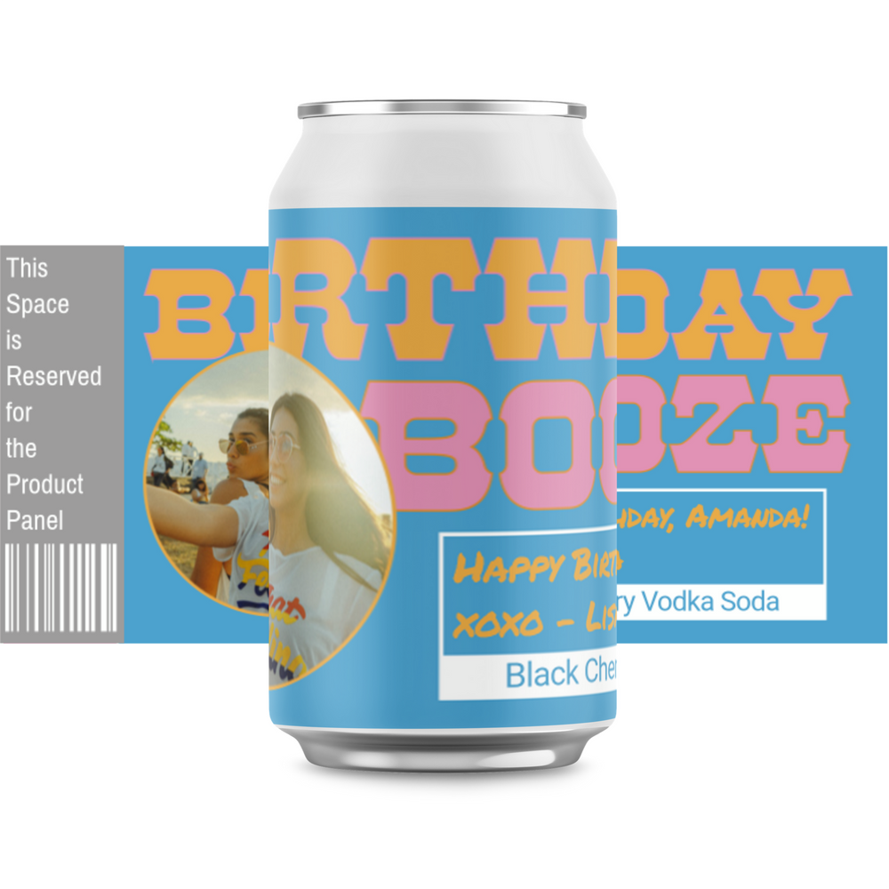 Birthday Booze themed birthday party can with photo.