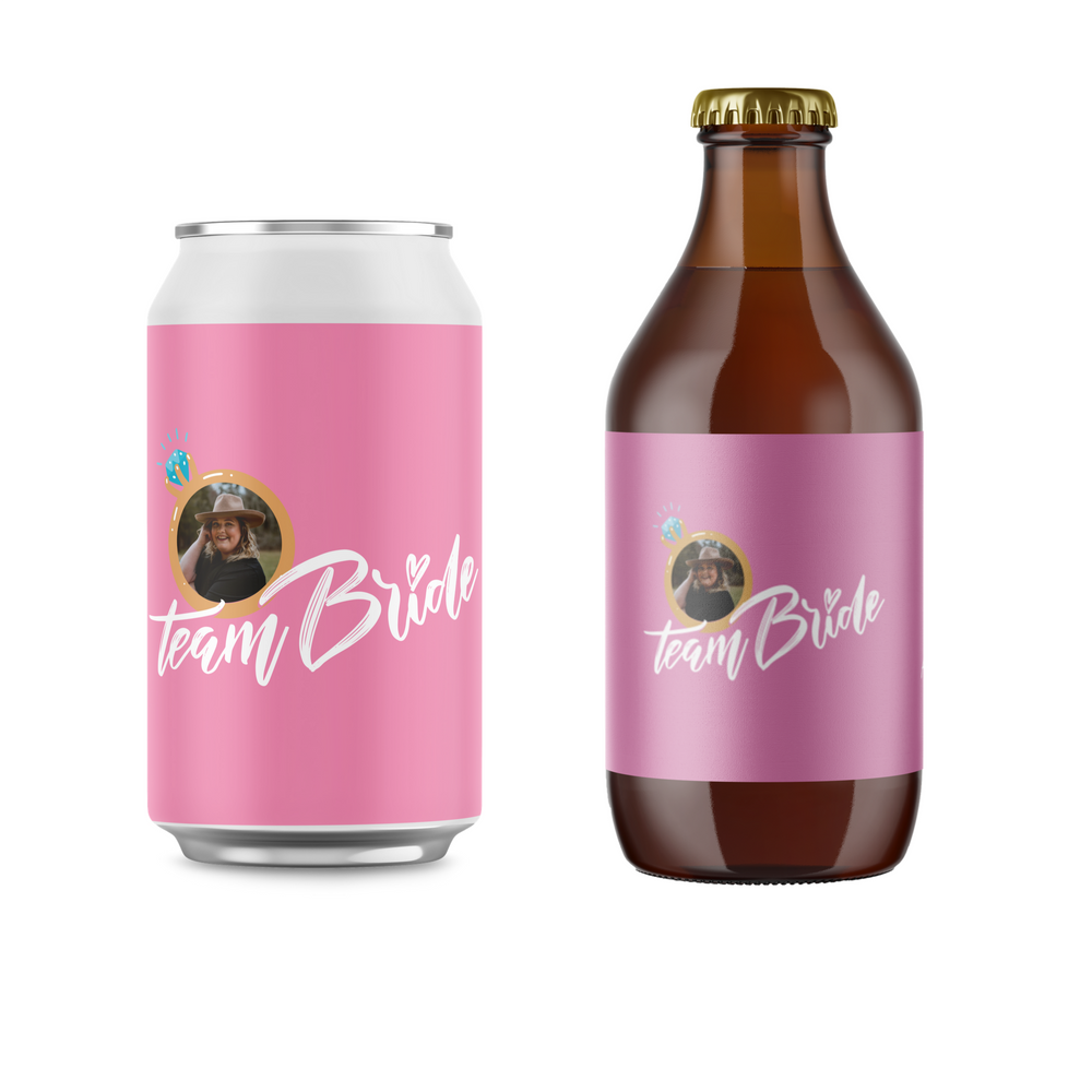 Team Bride Bachelorette Party custom label with ring and photo on can and bottle.