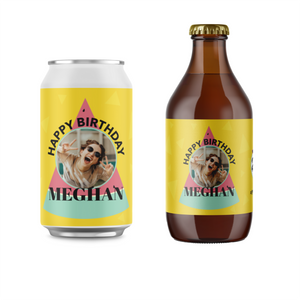 Whatta Melon birthday beer can theme label with photo on can and bottle.