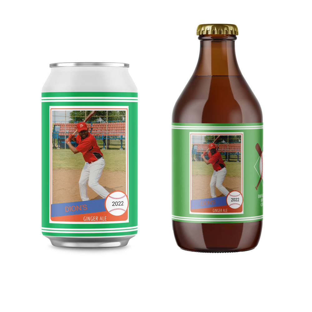 
            
                Load image into Gallery viewer, Baseball label for can green with picture and ball and bats, on a can and bottle. 
            
        