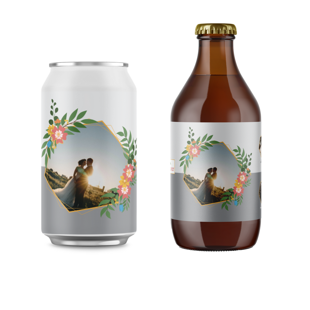 
            
                Load image into Gallery viewer, Contemporary geometric with floral image on can with photo, can and bottle.
            
        