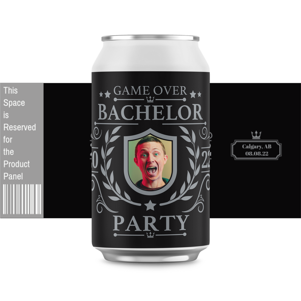 Game over bachelor party can. Black label with grey design and photo. 