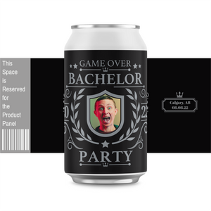 
            
                Load image into Gallery viewer, Game over bachelor party can. Black label with grey design and photo. 
            
        