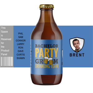 Bachelor Party drinking team themed can or bottle label in blue and yellow font..