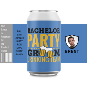 Bachelor Party drinking team themed can or bottle label in blue and yellow font..