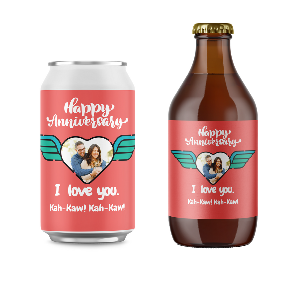 Flying heart anniversary custom can or bottle label with wings and photo, on a can and bottle.