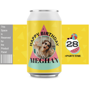 Whatta Melon birthday beer can theme label with photo.